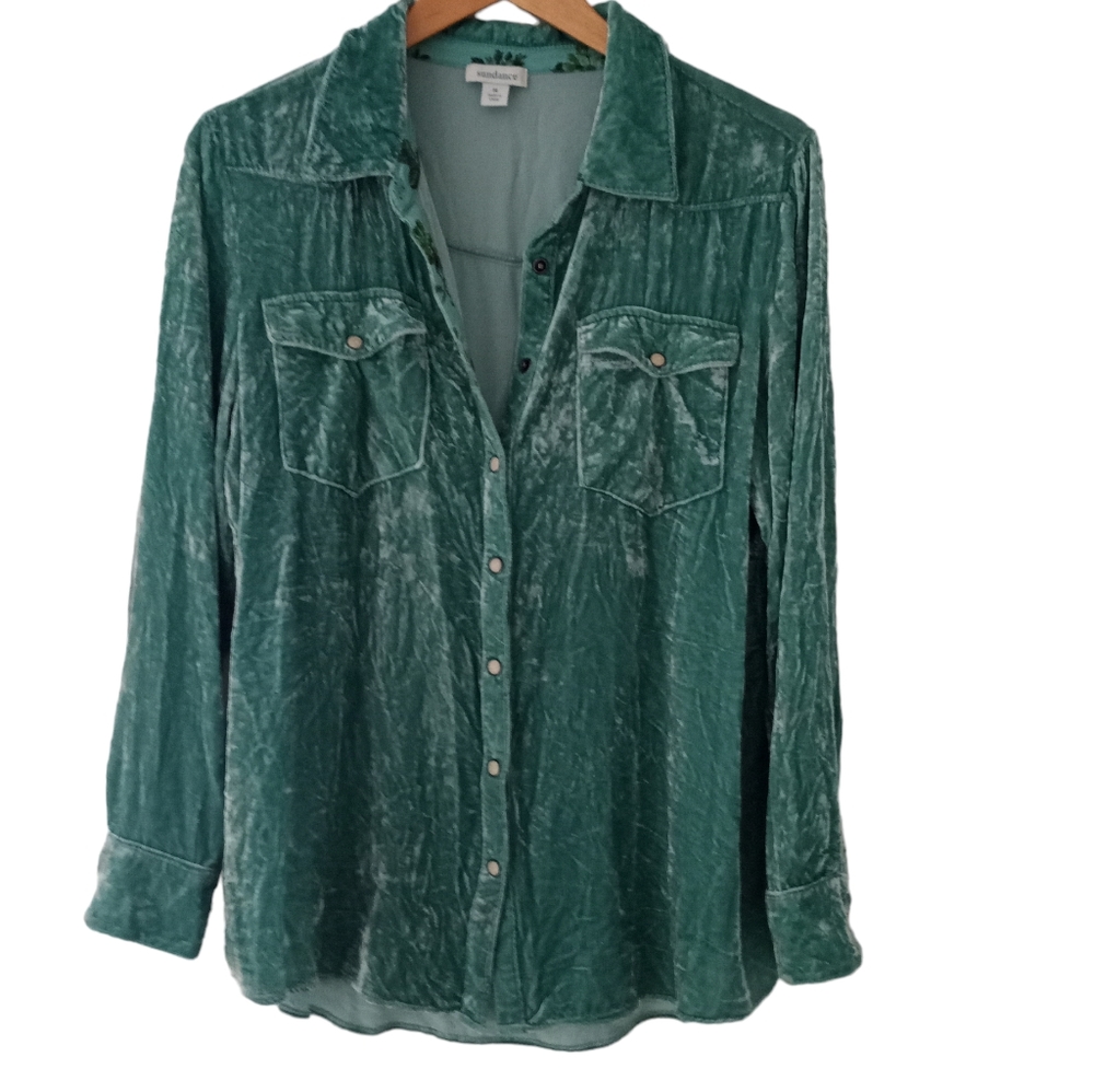 Sundance Top Snap Button Down Western Yoke Crushed Aquamarine Velvet Size Medium - Picture 5 of 11